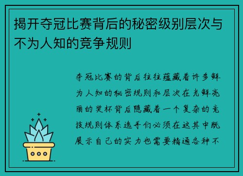 揭开夺冠比赛背后的秘密级别层次与不为人知的竞争规则
